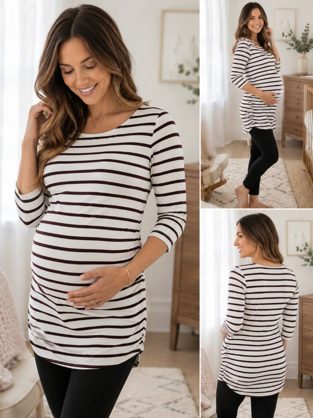 Loveappella Maternity Striped Ruched Top Size Medium Burgundy & Ivory Rayon Blen